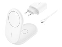 Belkin BoostCharge 2-in-1 - Trådløst ladestativ - magnetisk, sammenleggbar, med Qi2 + AC-strømadapter - 15 watt - Fast Charge - hvit - for Apple iPhone 12, 13, 14, 15, 16 WIZ028VFWH