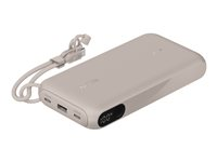Belkin BoostCharge - Strømbank - med skjerm - 20000 mAh - 20 watt - PD - 3 utgangskontakter (2 x USB-C, USB) - på kabel: USB-C - sand BPB028HQSD