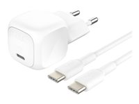 Belkin BoostCharge - Strømadapter - kompakt - 20 watt - Fast Charge, PD 3.1/PPS (USB-C) - på kabel: USB-C - hvit - med USB-C-kabel (1m) WCA009KQ1MWH-B6