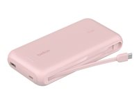 Belkin BoostCharge - Strømbank - med integrert kabel - 20000 mAh - 30 watt - PD - 3 utgangskontakter (2 x USB-C, USB) - MFI-sertifisert - rosa BPB024HQPK